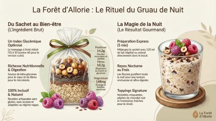 Gruau de nuit (overnight oats) petit-déjeuner sans gluten, sans lactose, végan. Fruits locaux Corrèze. La Forêt d''Allorie